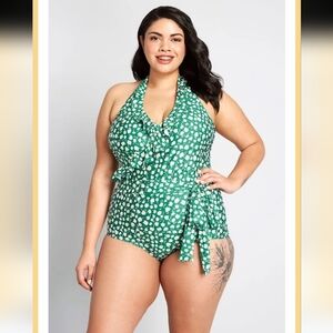Modcloth The Reese One Piece Swimsuit Green Floral Daisy Ruffles Size 1X